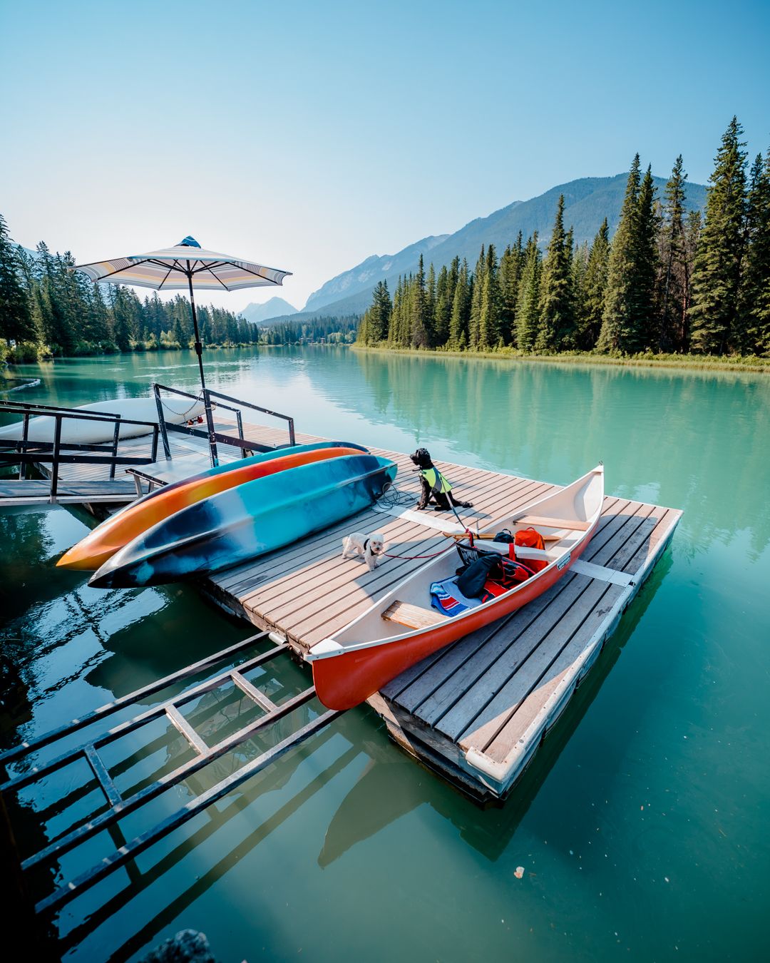 Colorful kayaks and paddleboards rest on a wooden dock on a serene mountain lake.