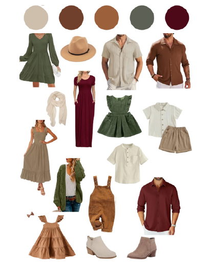 Fall fashion mood board featuring earth-toned clothing items including dresses, jackets, hats, and boots in olive, burgundy and brown.