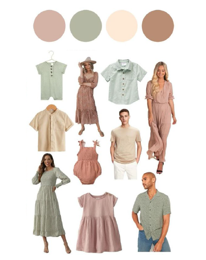 A fashion mood board featuring neutral and earth-toned clothing items including dresses, rompers, shirts and color swatches.