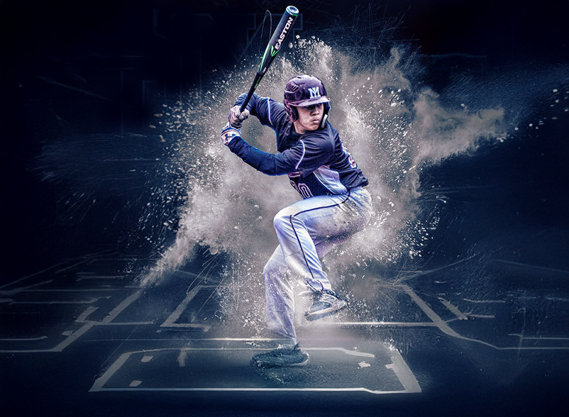 Baseball player in dynamic batting pose surrounded by powder explosion effect.