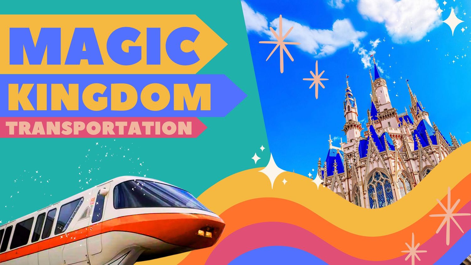 Colorful promotional graphic showing Disney's Magic Kingdom monorail and castle against a vibrant turquoise and orange sky.