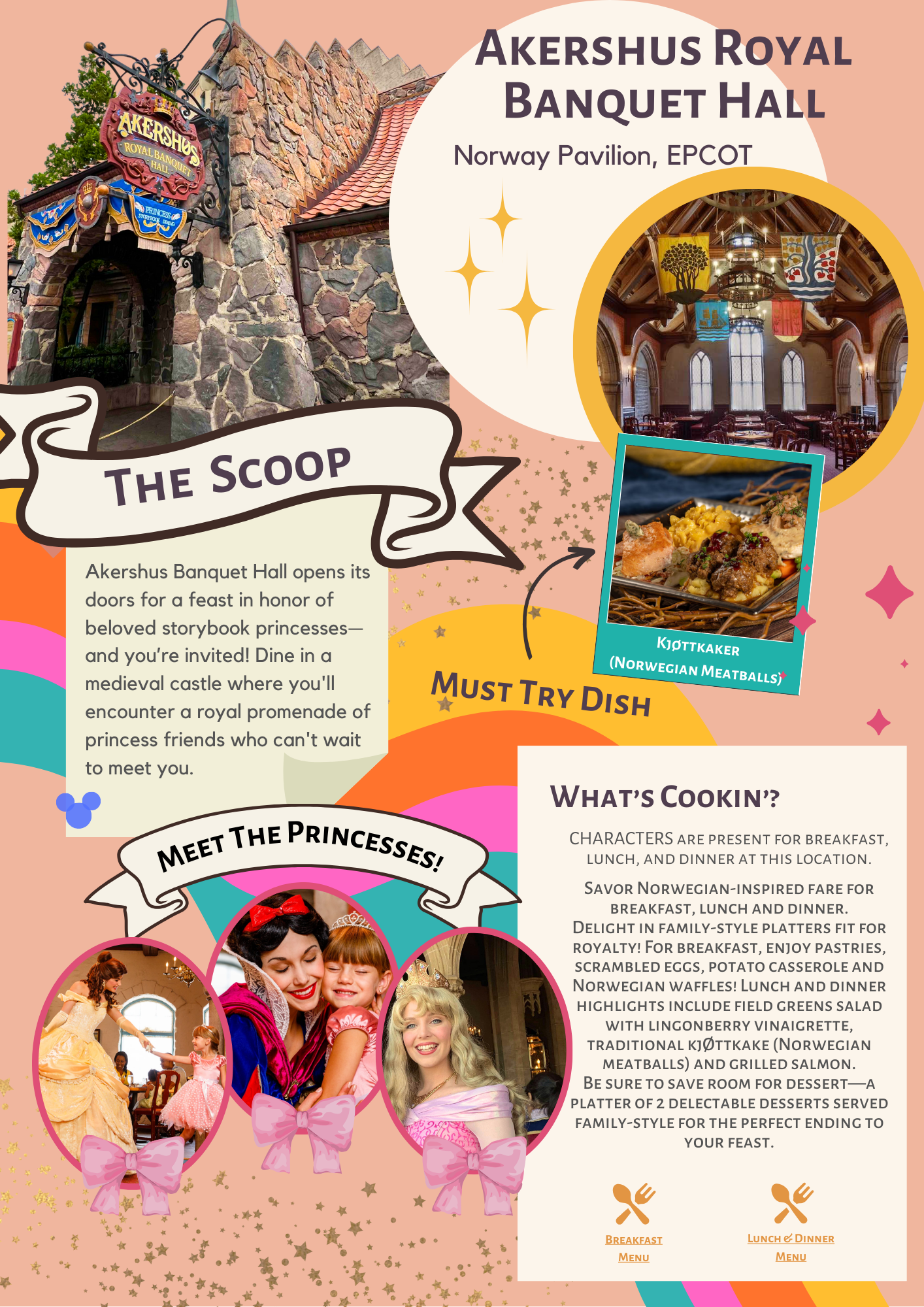 Pink travel guide infographic showcasing Akershus Royal Banquet Hall at EPCOT's Norway Pavilion with dining and decor details.