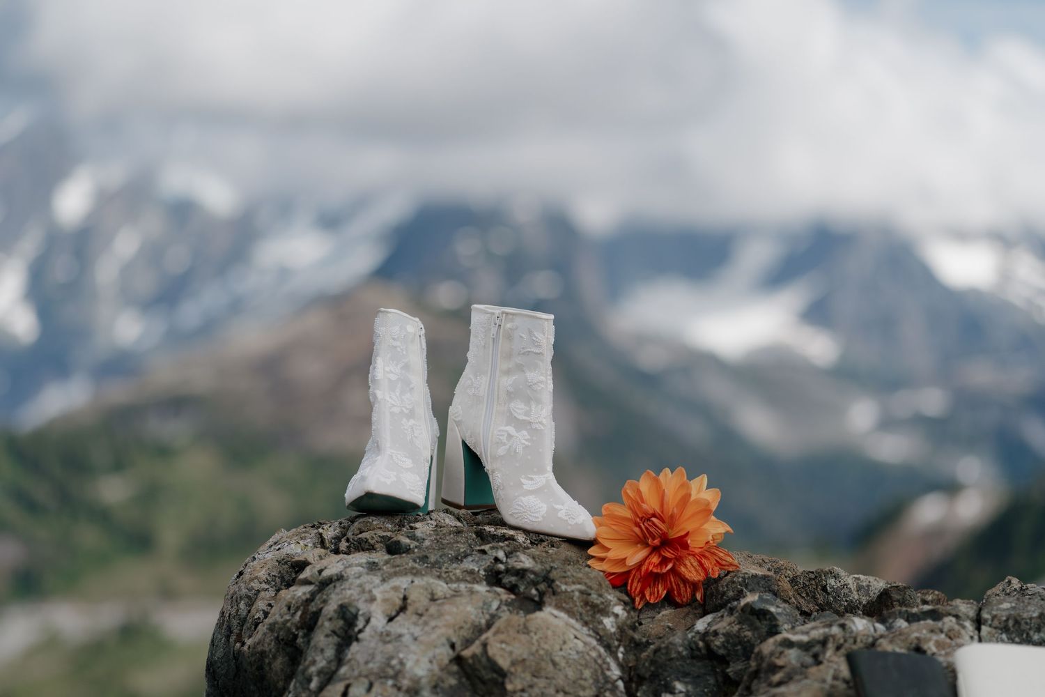 Orange daisy flower blooms next to hiking boots with snow-capped mountain peaks in the background.