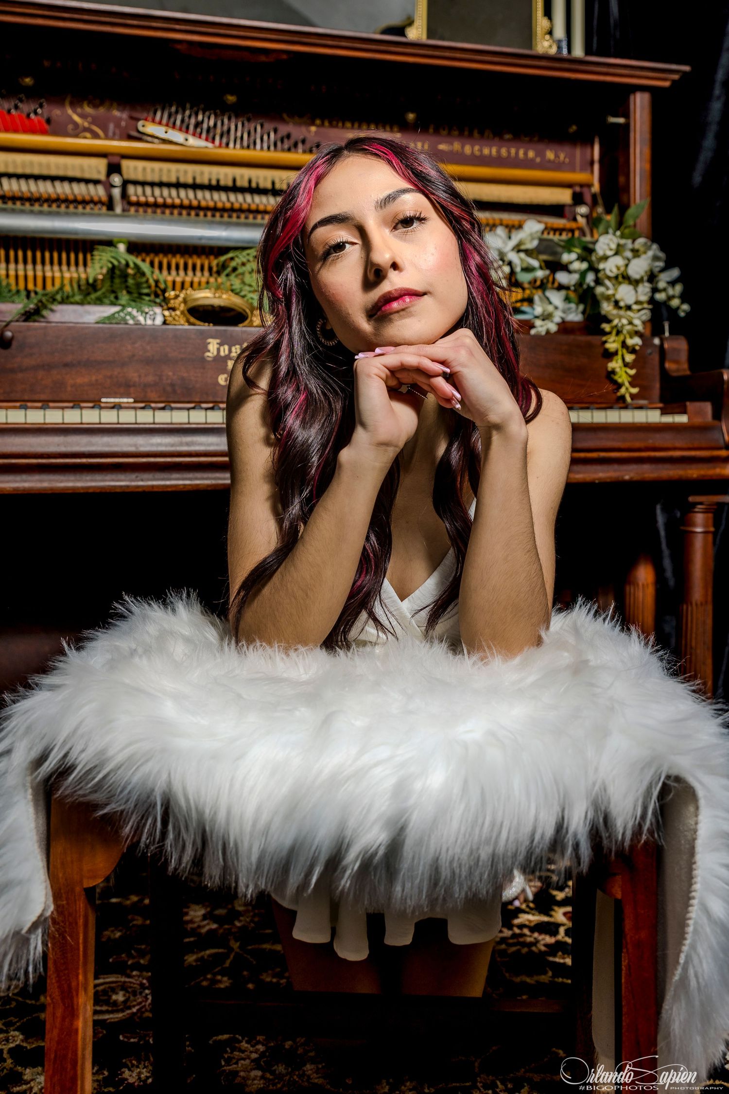 A series of artistic portraits featuring white feathered trim against a dark wooden piano background.