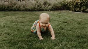 A baby crawls across a lush green lawn on a sunny summer day.