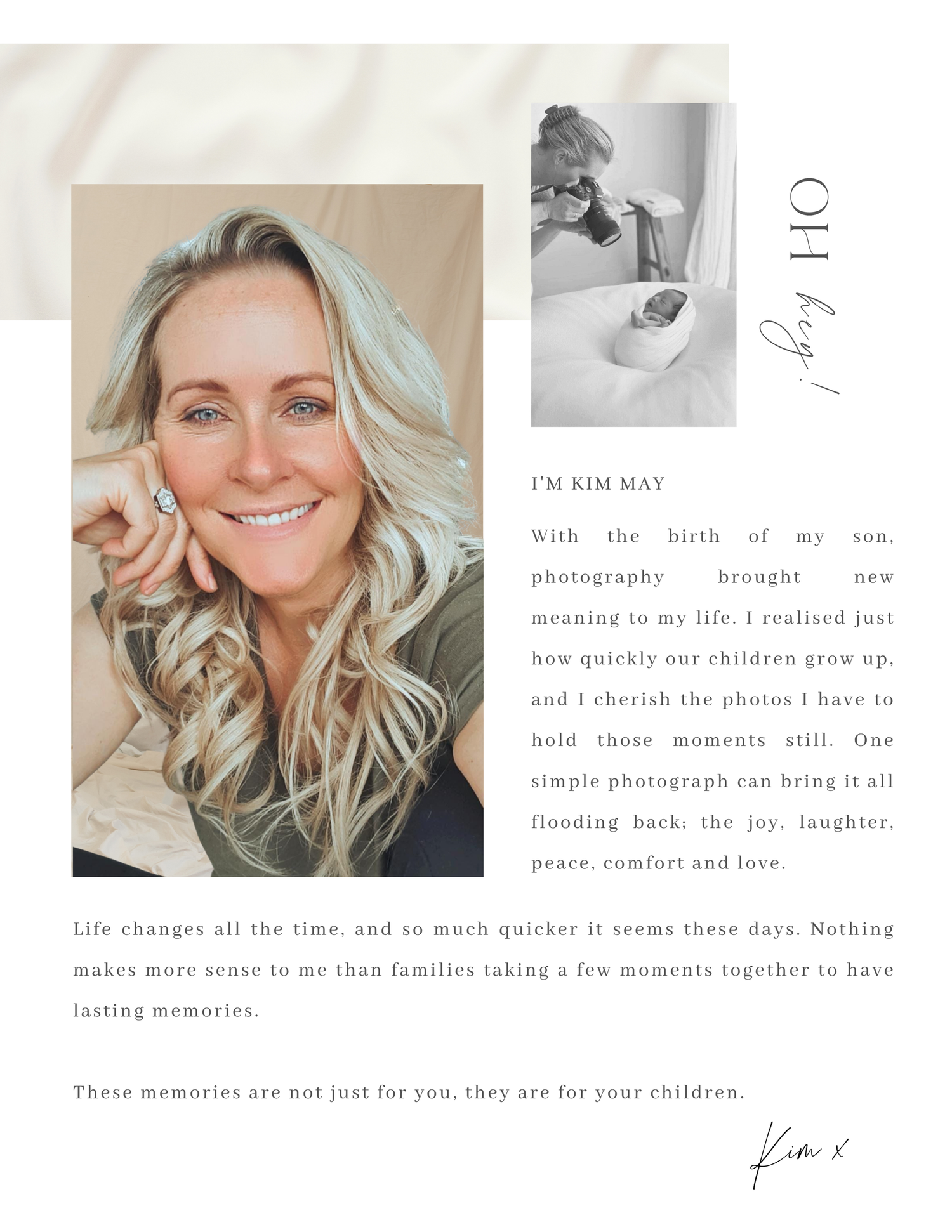 A collage of photography website pages featuring lifestyle images and text about preserving family memories.