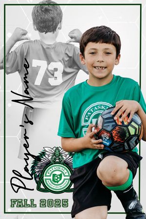 Young athlete in green soccer jersey holds colorful soccer ball for team photo shoot.