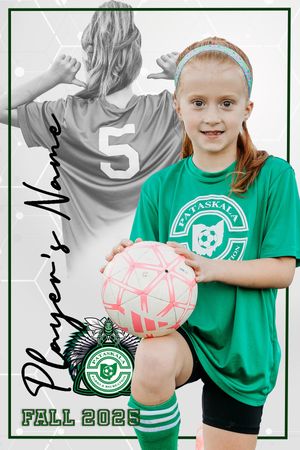 Youth soccer player in green jersey poses with pink and white soccer ball for sports photo series.