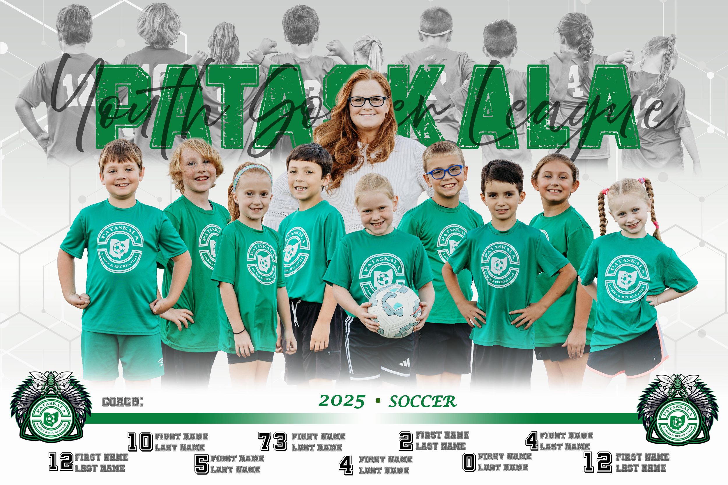 Youth soccer team poses in matching green jerseys with their team statistics displayed below.