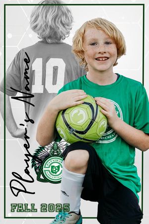 Young soccer player in green shirt holding ball while posing for dynamic photo series against white background.
