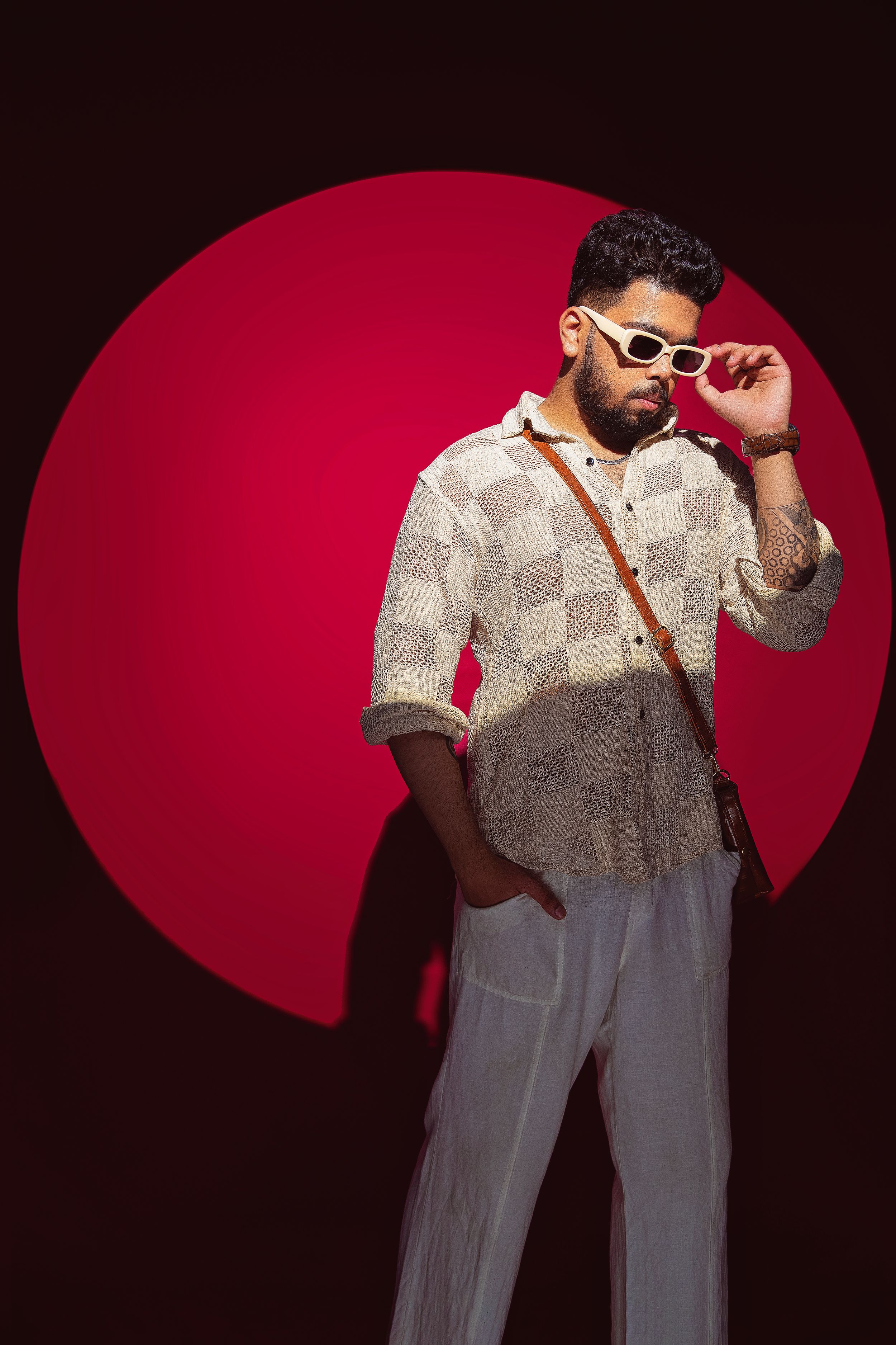 fashion photography shoot in Kirti Nagar, Delhi with bold studio backdrop