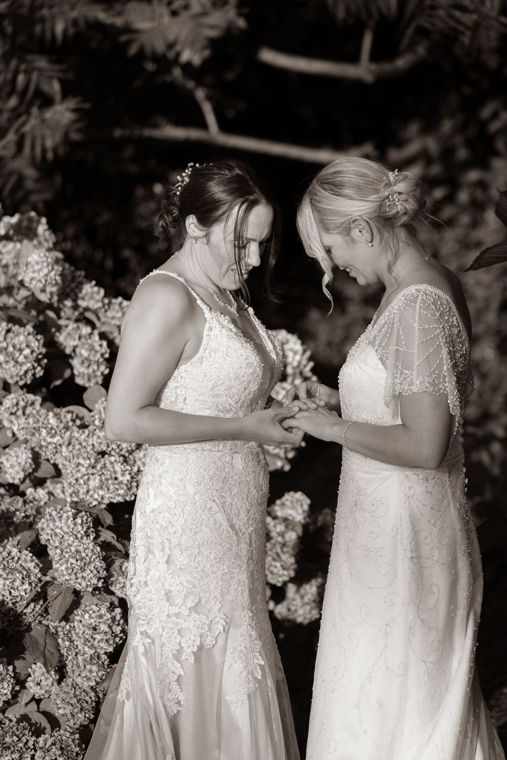 Black and white photo of two brides exchanging wedding rings outdoors surrounded by hydrangea blooms.