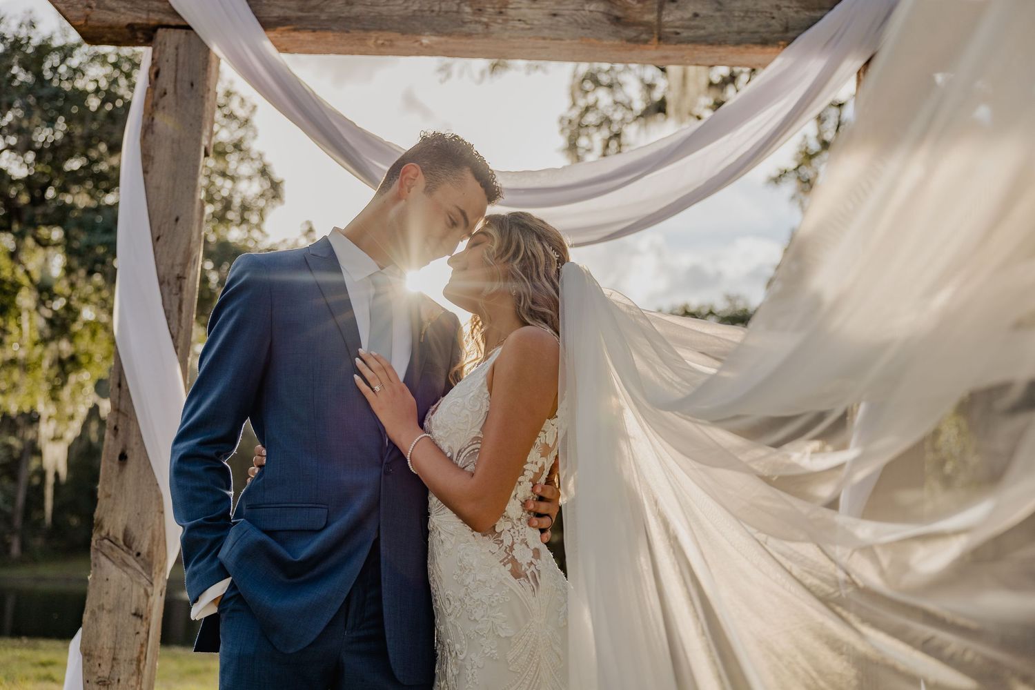 Romantic outdoor wedding moment with flowing veil backlit by sunlight.