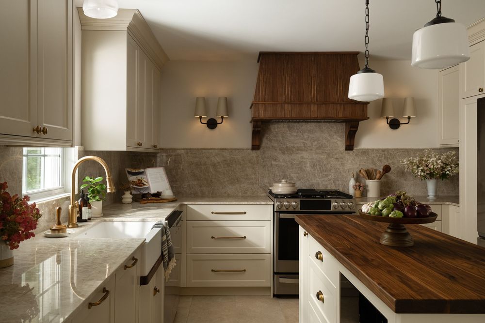 Elegant kitchen with cream cabinets, wood range hood, marble backsplash, butcher block island, and pendant lights.