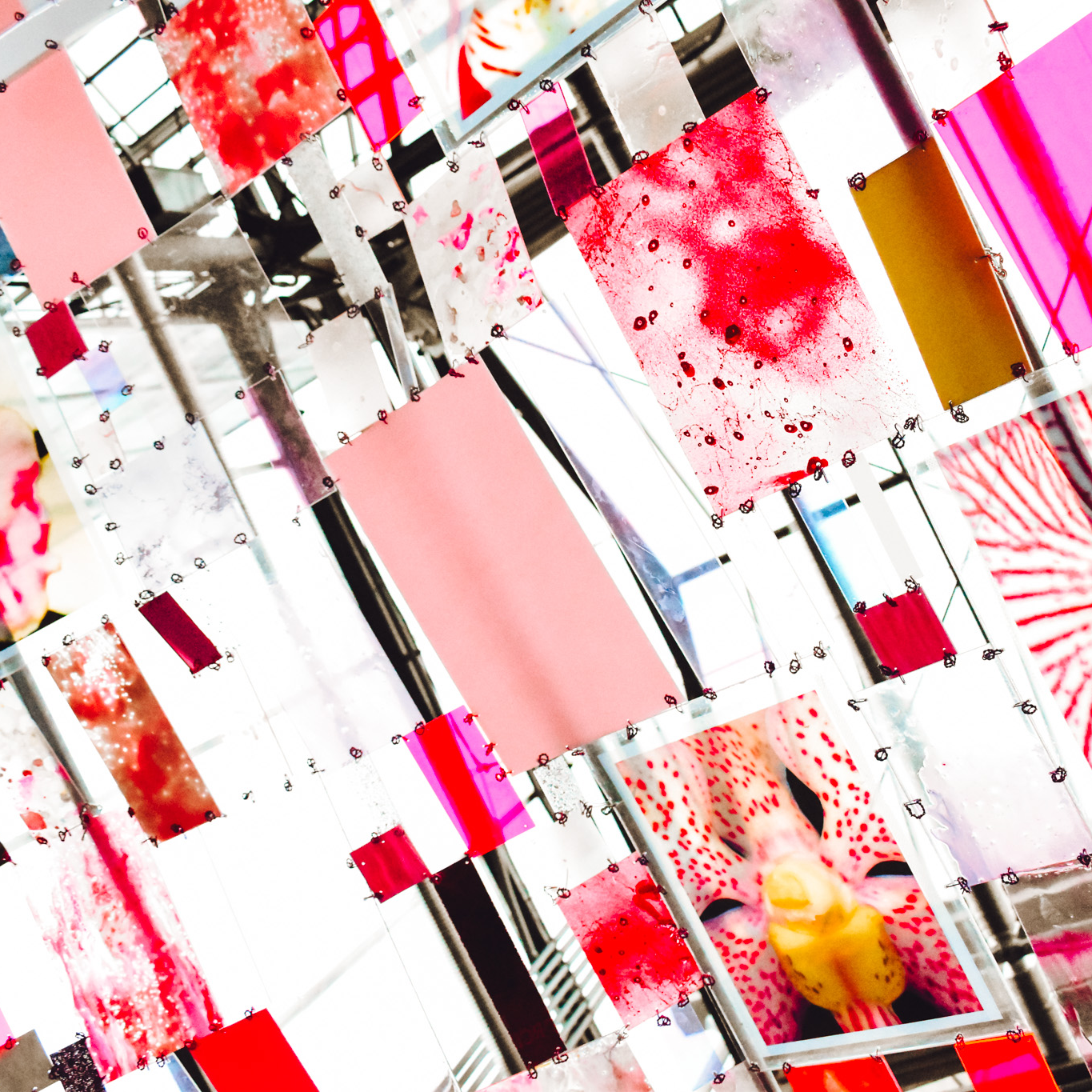 Abstract red and pink geometric art installation with scattered light effects.