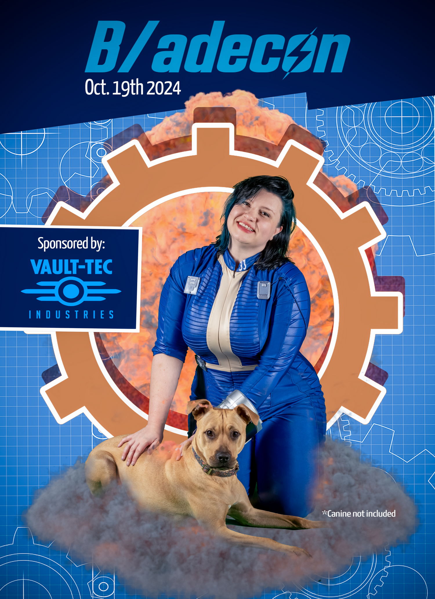 Convention poster for B/adecon 2024 showing person with dog against gear-shaped background.