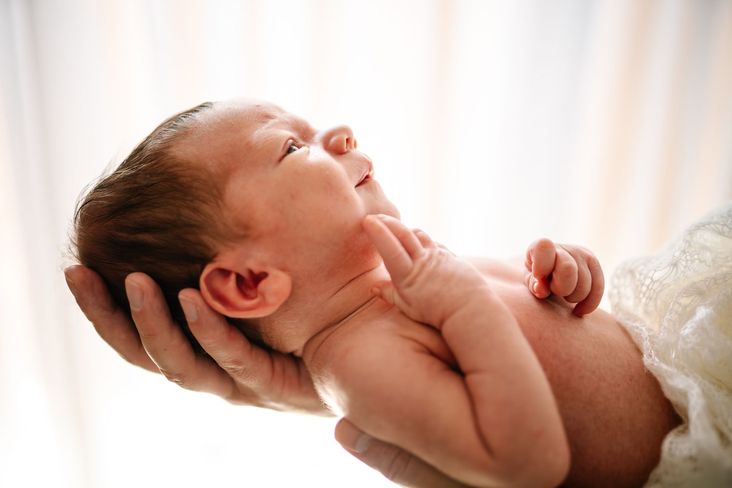 A photo of a tender moment of a newborn baby in soft natural lighting through window taken by a Melbourne newborn photographer.