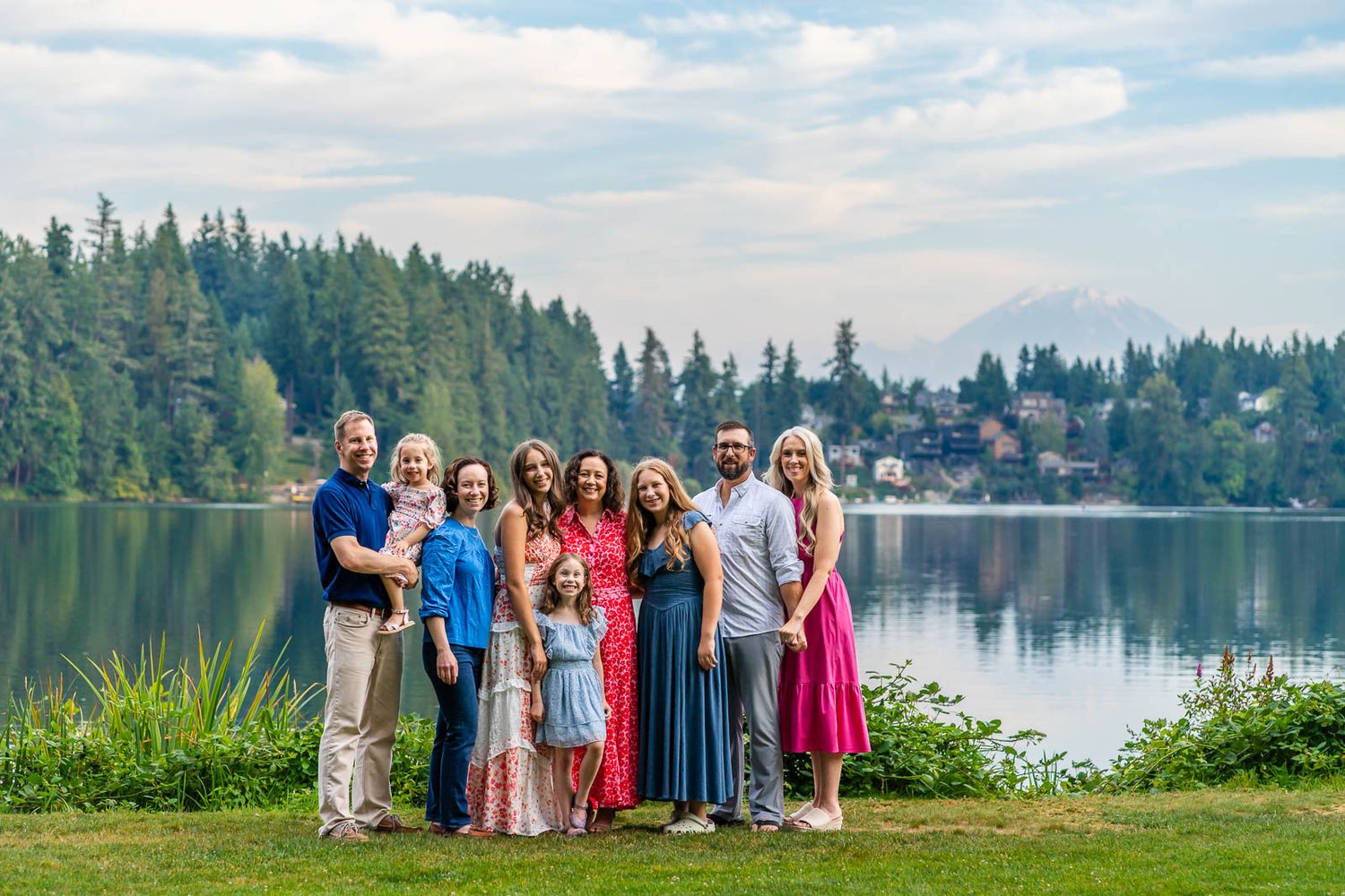 Family photo of the lake and Mt. Rainier on a clear summer day.