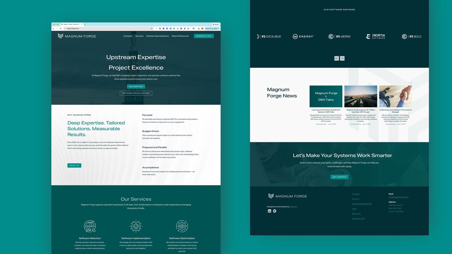 Website design template showcasing dark green homepage layout with multiple sections.