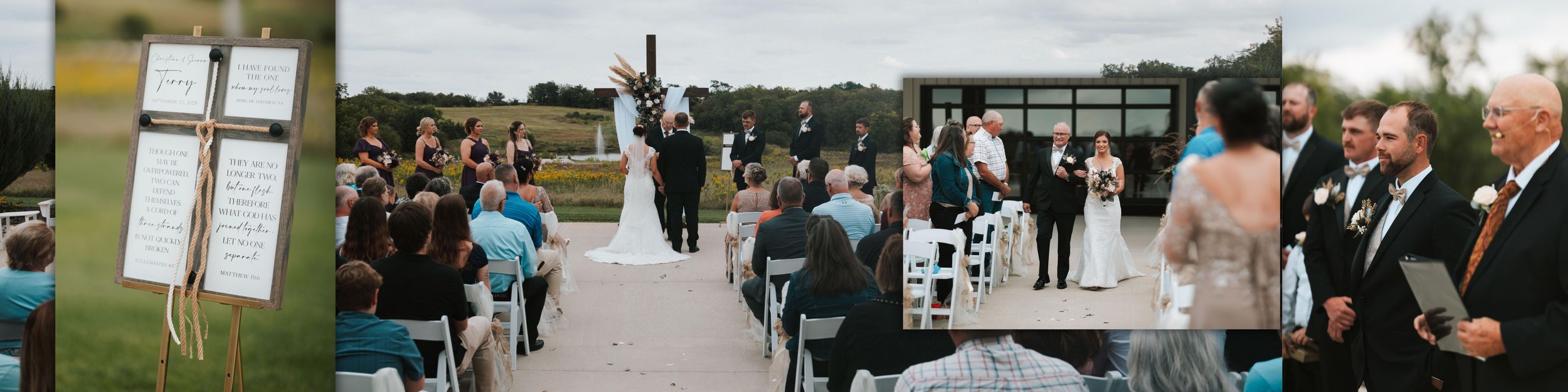 A collection of wedding ceremony photos showing outdoor and indoor celebrations with guests and decorative details.
