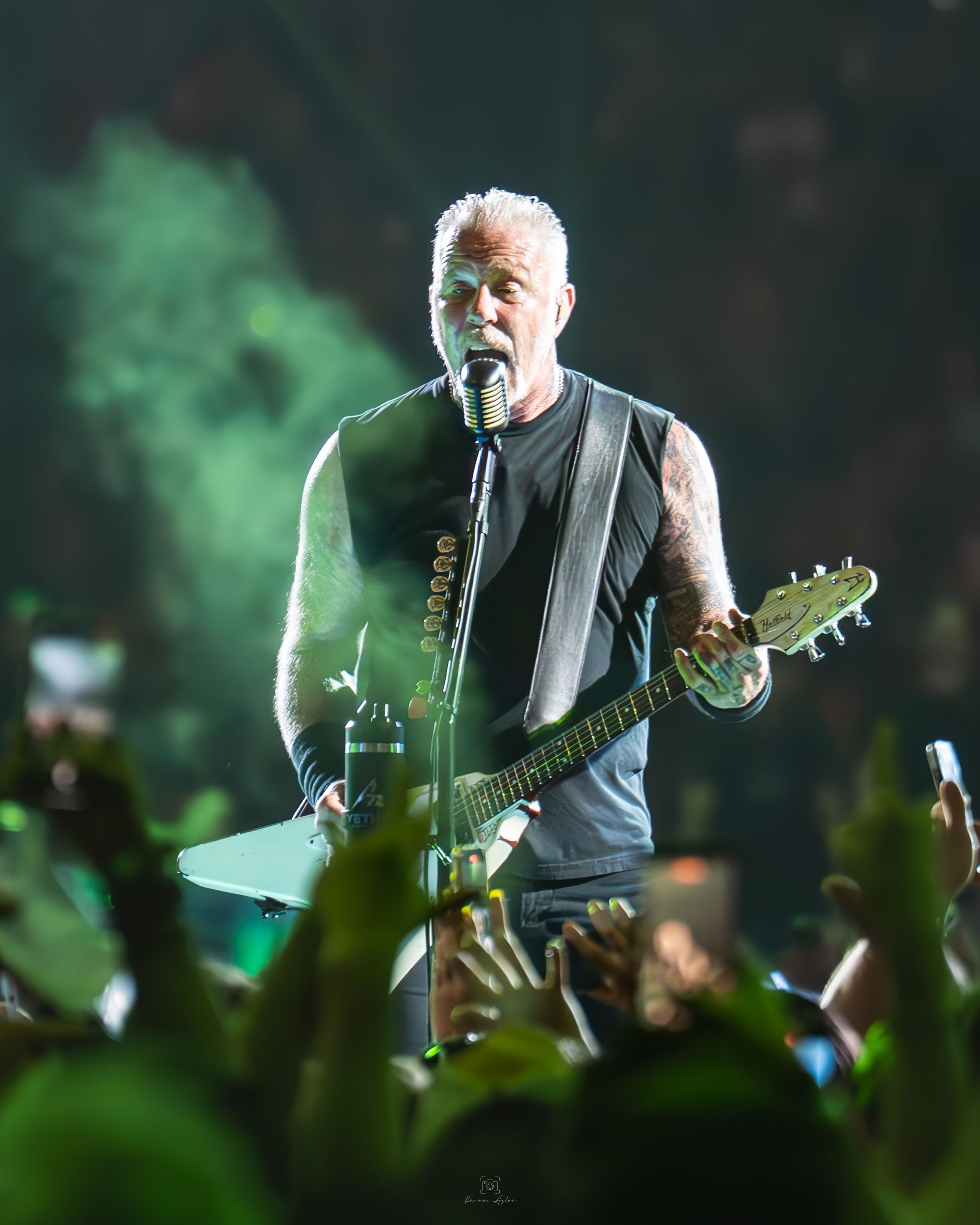 Musician performs on stage with electric guitar under green lighting while crowd watches in foreground.