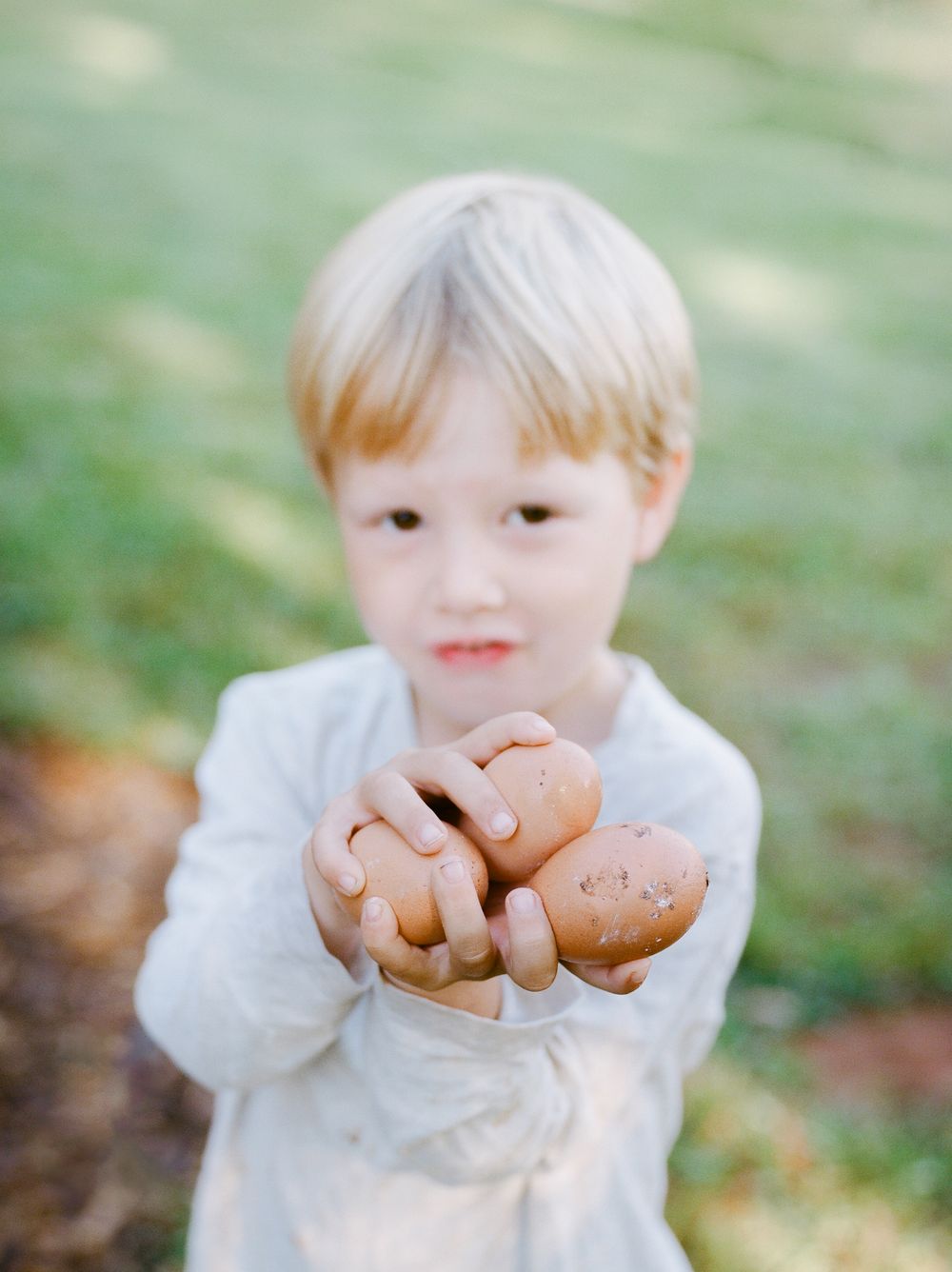 A child in a white shirt holds up freshly gathered potatoes from a garden.