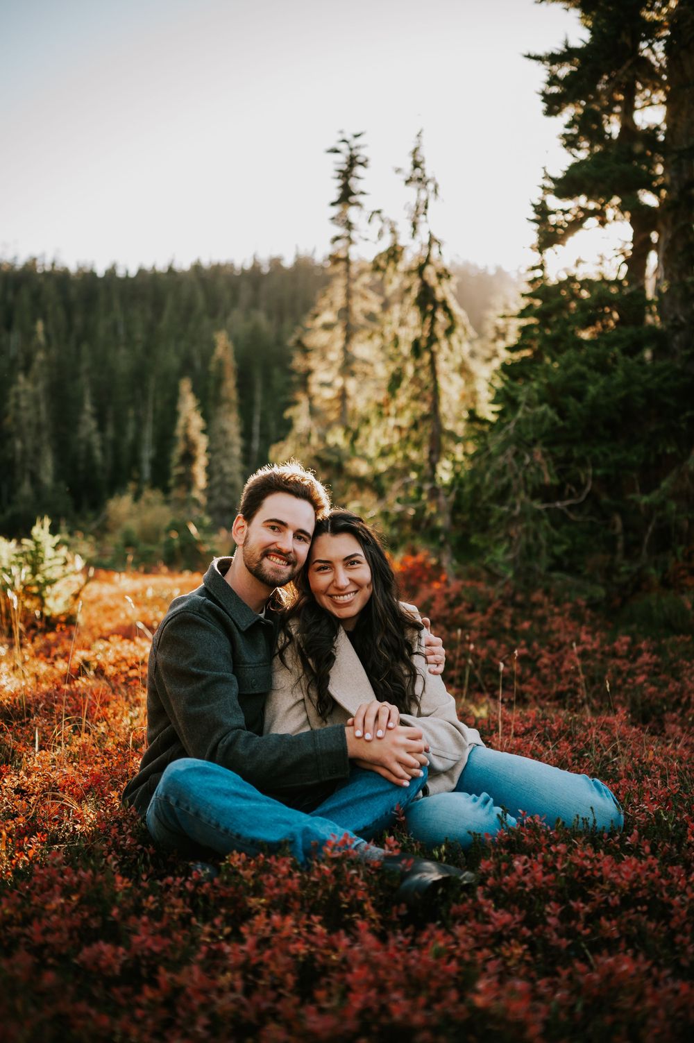 Professional photo of engagement couple on Mt. Washington sitting smiling in blueberry patch in Paradise Meadows Vancouver Island