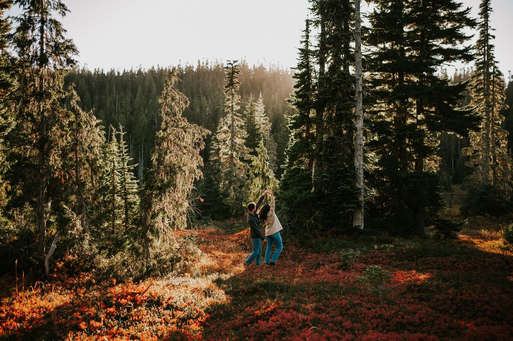 Professional photo of engagement couple on Mt. Washington spinning in blueberry patch in Paradise Meadows Vancouver Island