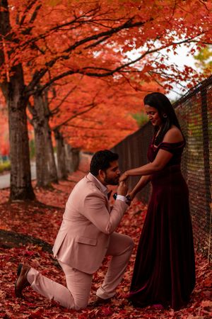 Romantic marriage proposal moment with couple surrounded by vibrant red fall maple trees.