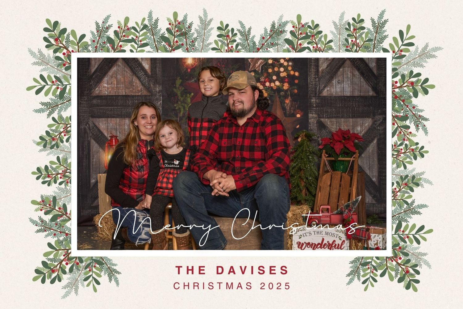Family in Christmas barn scene wearing red and black buffalo check shirts and jeans.