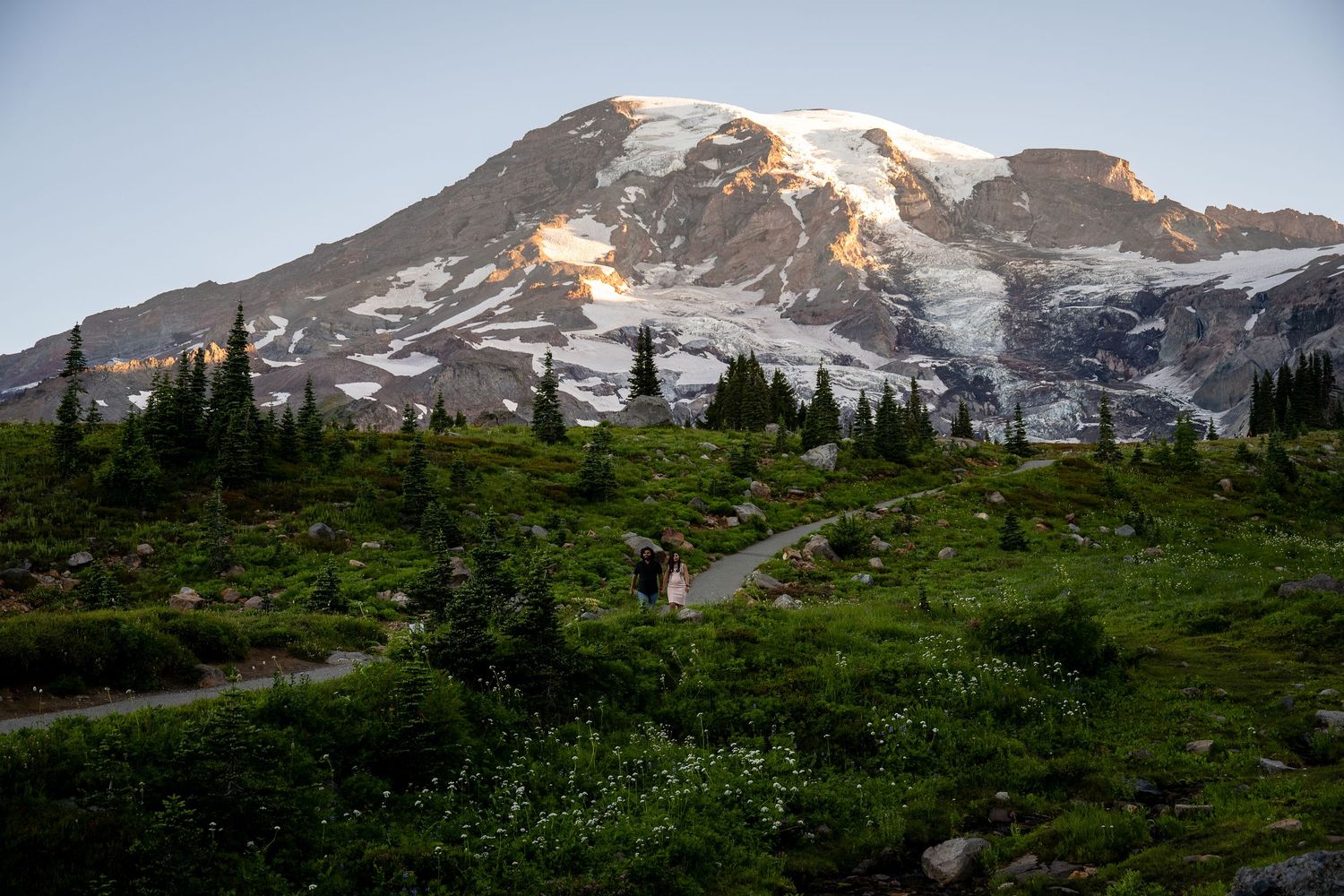 A young couple walks in the distance towards a mountain while wildflowers bloom around them.