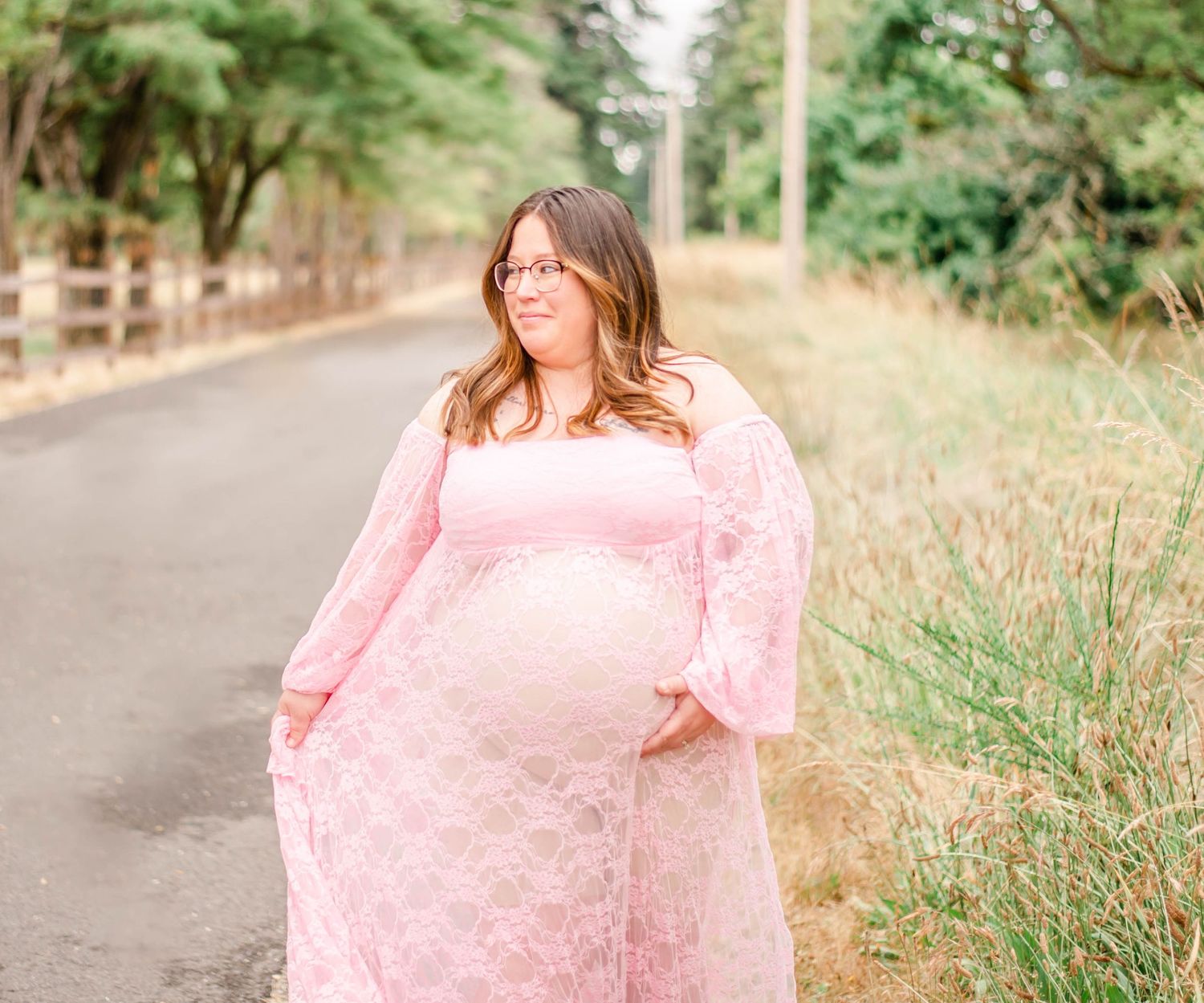 Multiple shots of a person wearing a pink off-shoulder dress against a natural outdoor backdrop.