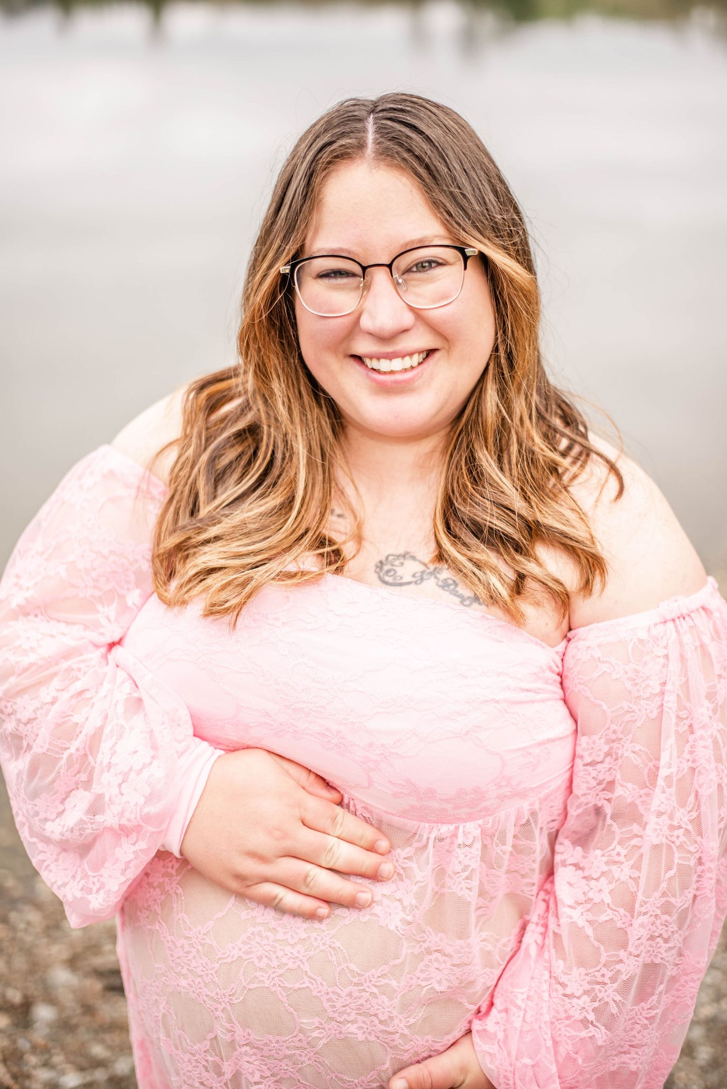 A series of joyful portraits showing a person in a pink lace dress against a light outdoor background.
