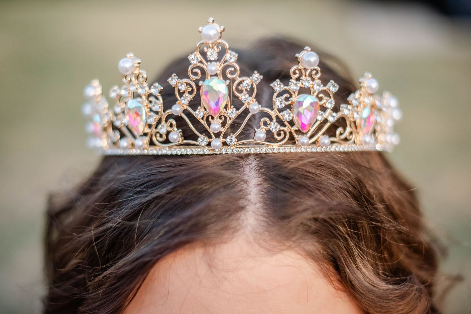 Sparkly silver tiara with delicate crystal embellishments and floral designs displayed against a soft blurred background.