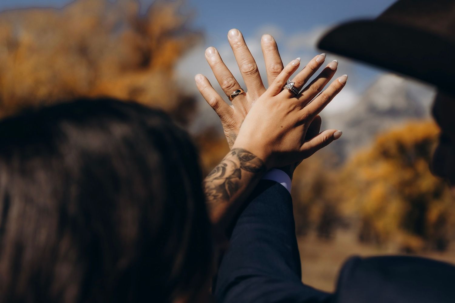 Silhouetted hands reach up towards a golden sunset sky against a mountain backdrop in a series of artistic shots.
