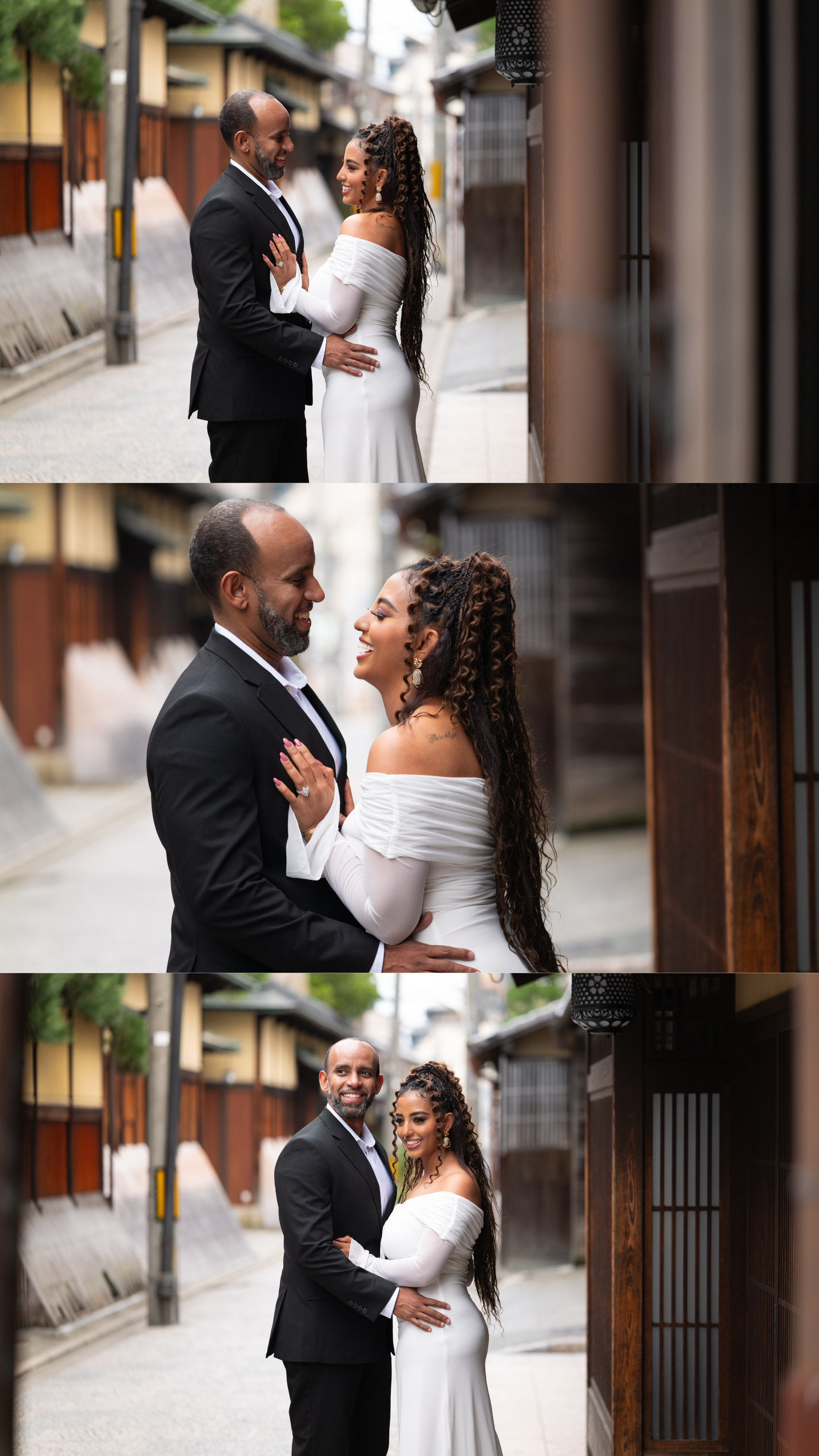 Couple in elegant formal attire sharing romantic moments on a traditional Japanese street.