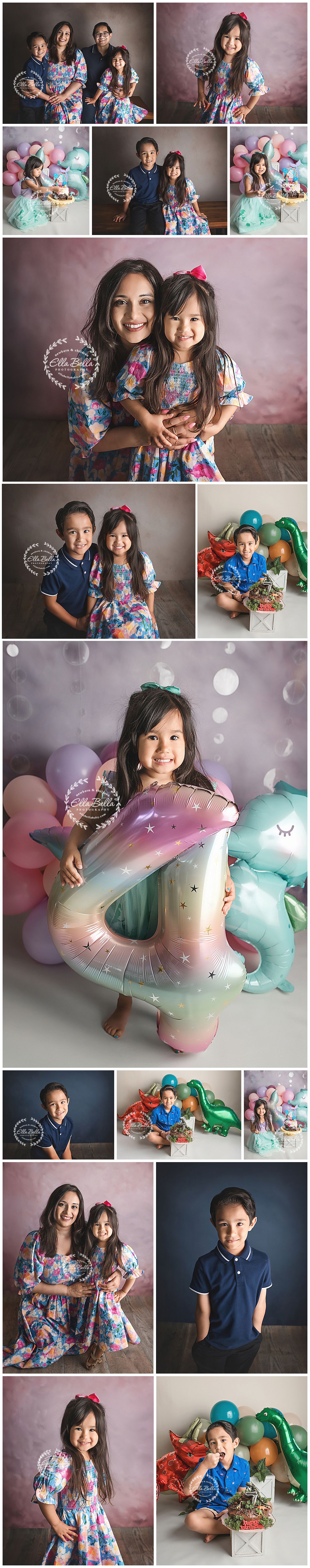 A collage of birthday photos featuring a mother, young girl, and boy with colorful balloons, cake smash, and matching floral outfits.