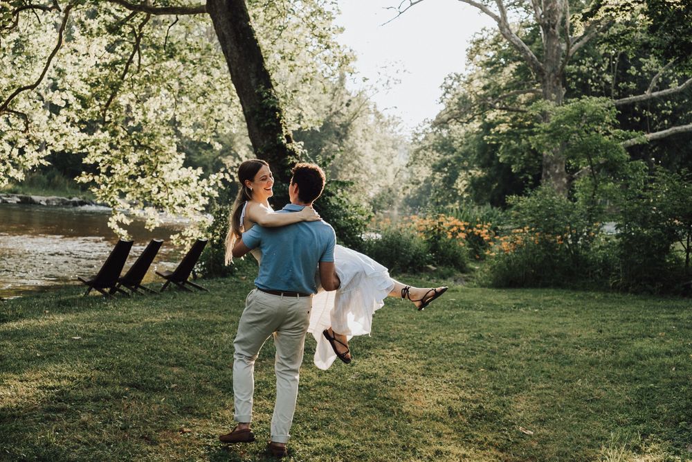 A joyful couple engagement shoot in Allenberry Resort Grounds, one of the best places for engagement photos in central pa