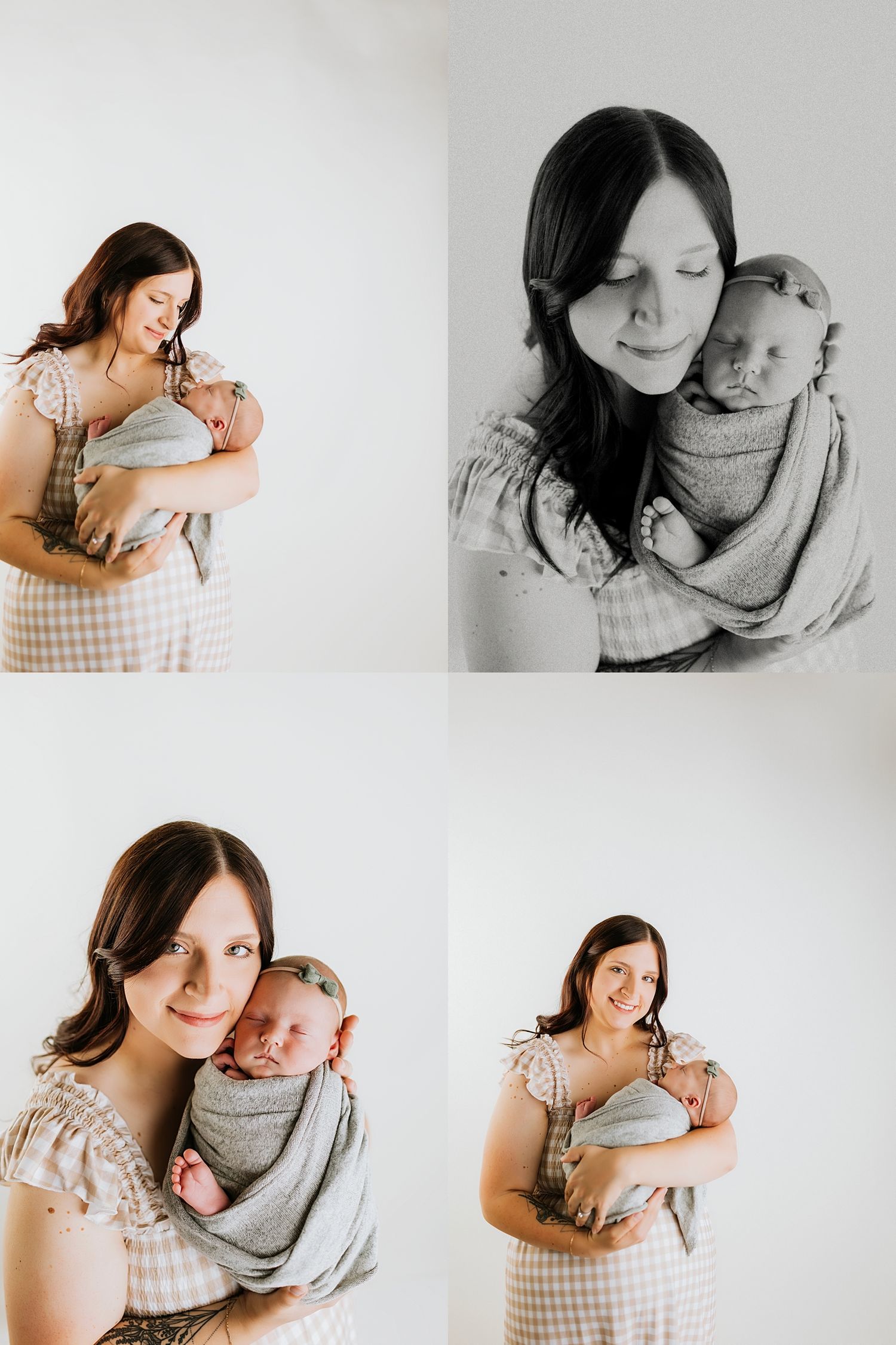 A mother in a gingham dress tenderly holds her newborn baby in a bright studio, captured in a four-photo collage.