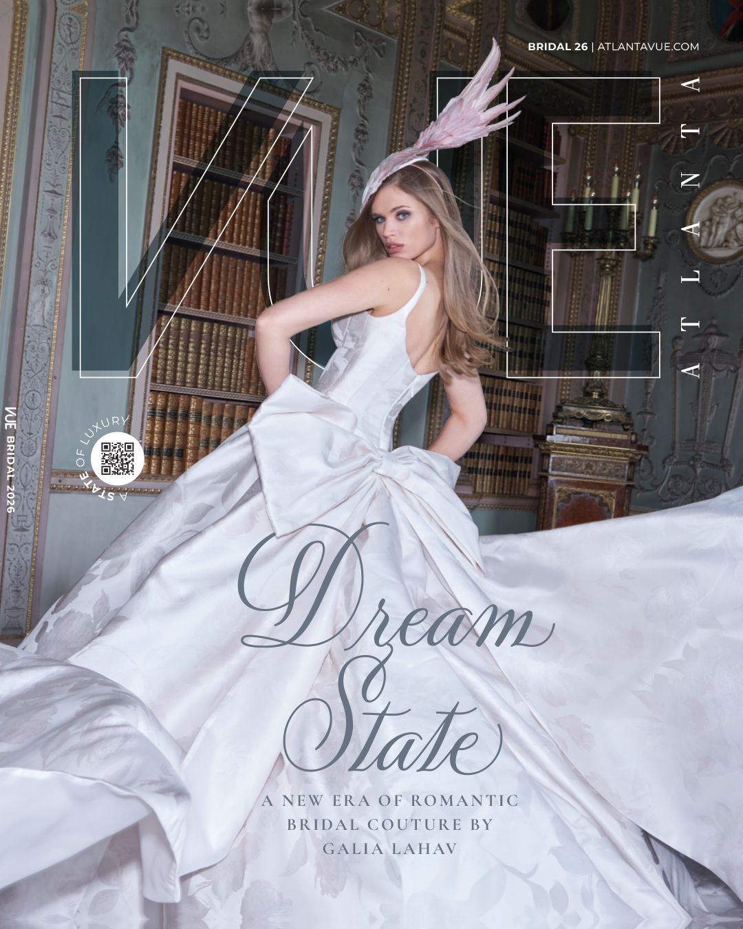 Model in flowing white Galia Lahav bridal gown on MAE Atlanta Bridal magazine cover, Dream State issue.