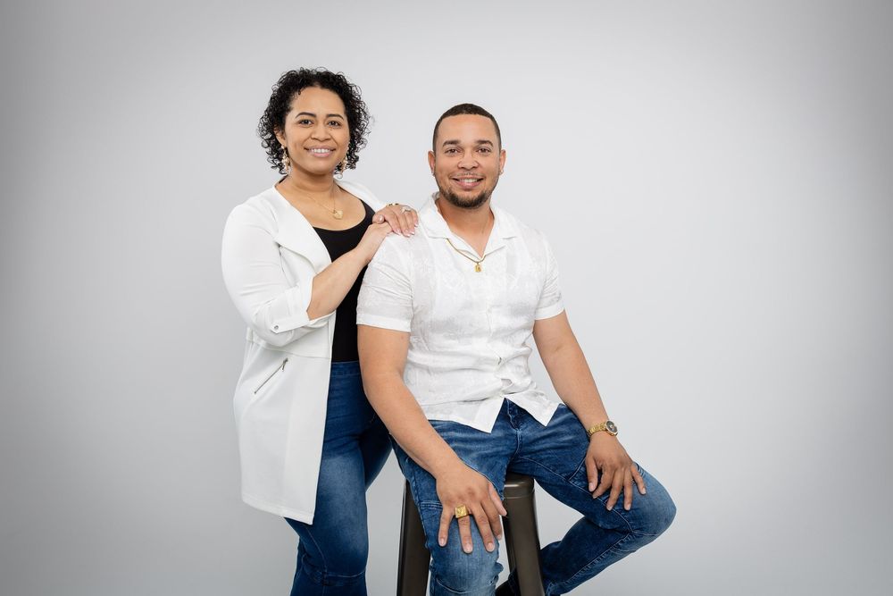 Series of candid photos showing a couple in brown and white outfits against a studio backdrop.