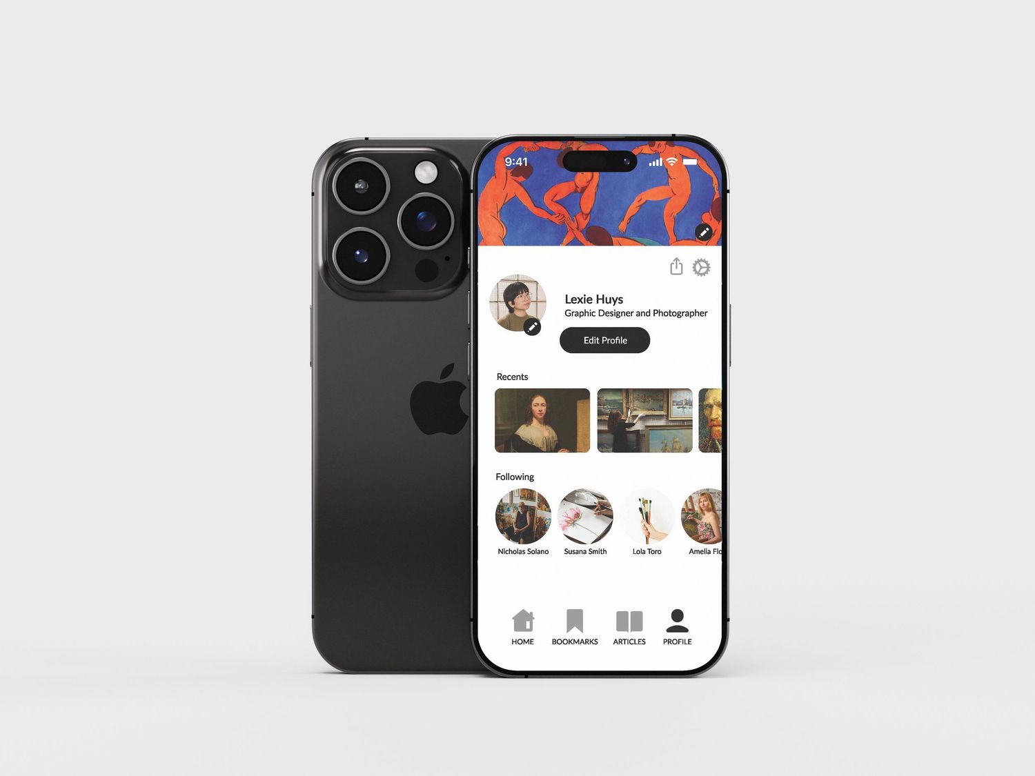 iPhone mockup displaying a social media profile app UI with vibrant orange and blue design elements.