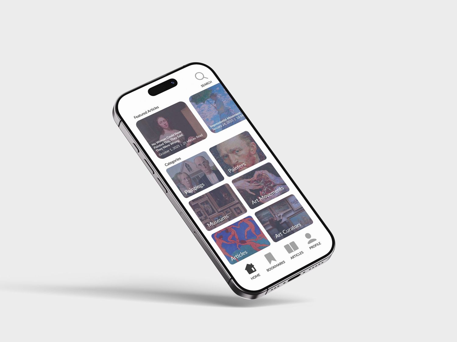 Mobile app UI mockup displaying a grid-layout news app with colorful article thumbnails.