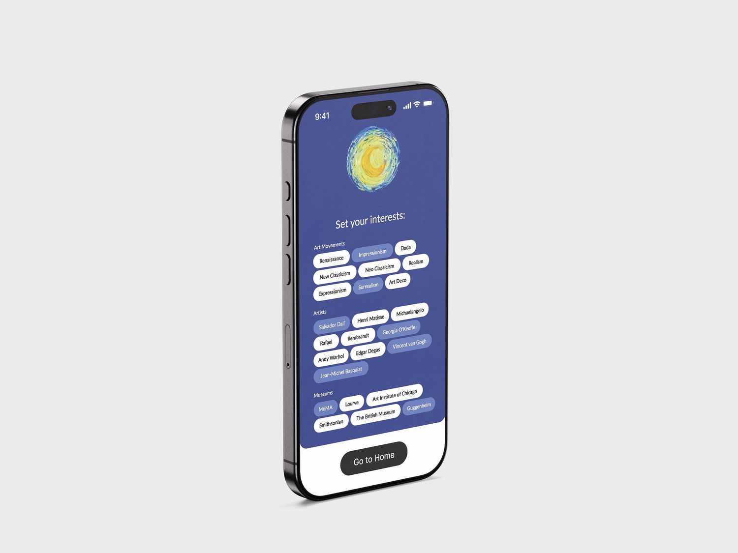 A mobile app UI showing an interest selection screen with colorful tags on a dark blue background.