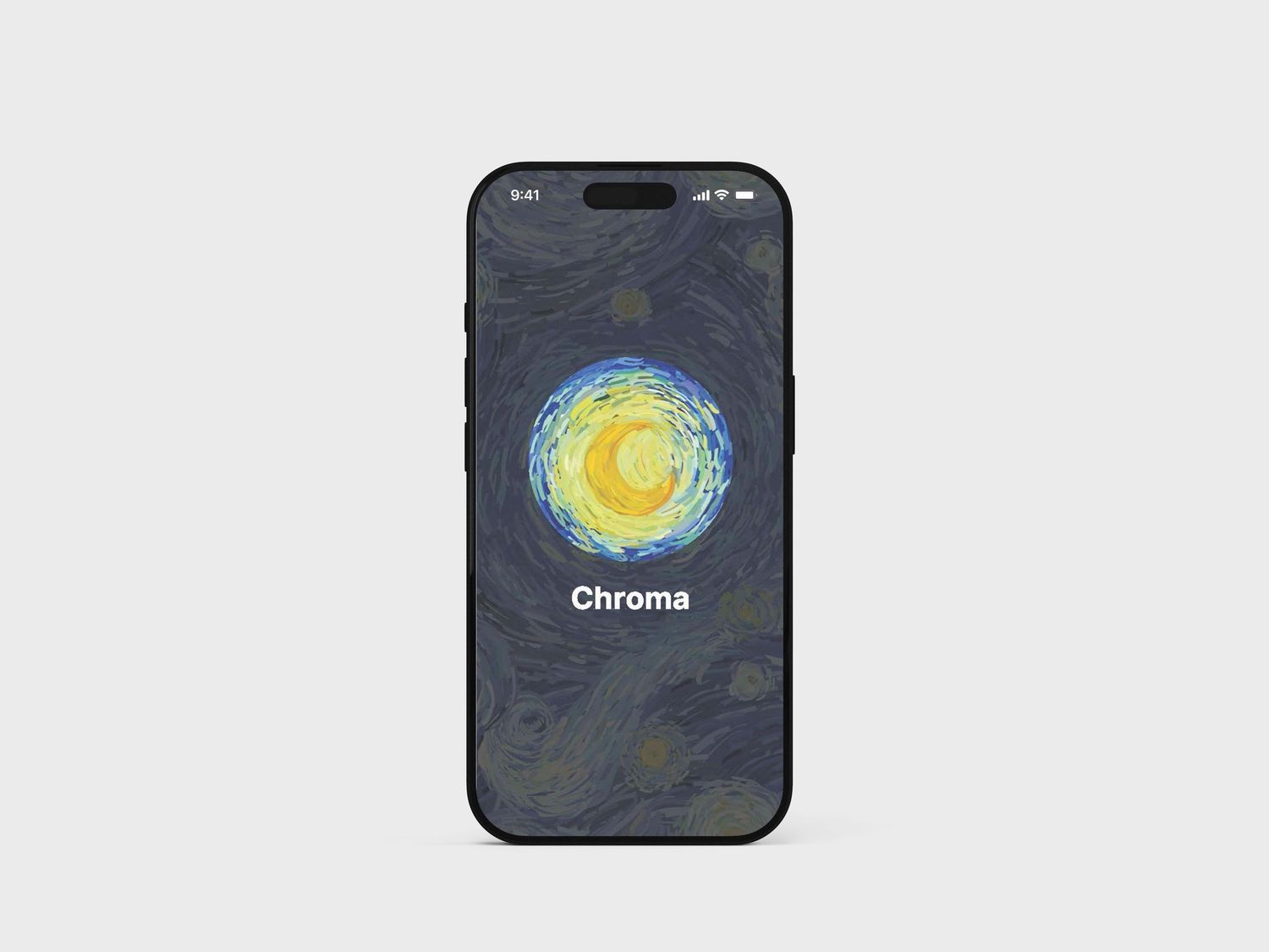 Chroma app splash screen on iPhone displaying a Van Gogh Starry Night background with centered logo.