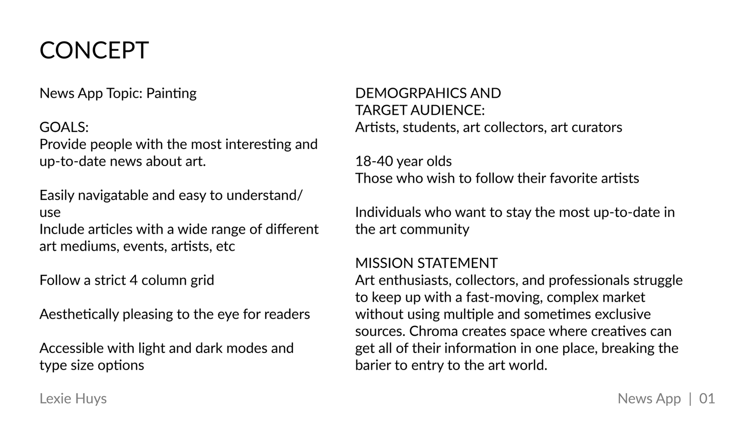 Concept page for Chroma news app focused on painting, outlining goals, demographics, and mission statement.