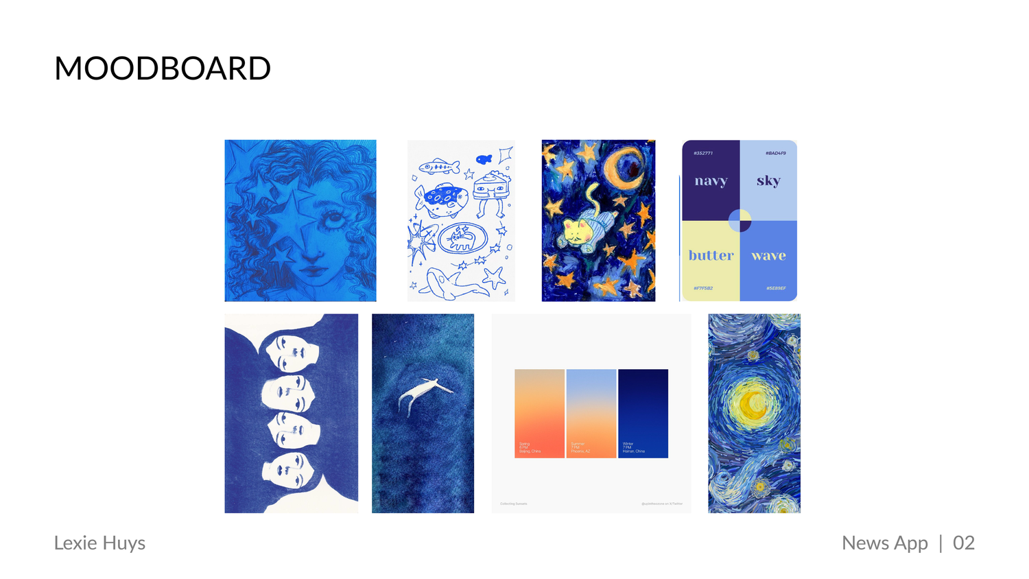 Blue-themed moodboard featuring celestial and artistic illustrations with a coordinating color palette.