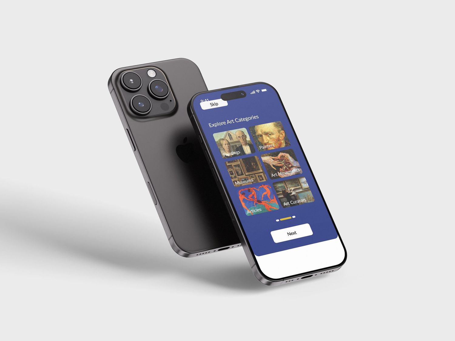 iPhone mockup displaying a dark blue news app UI with category browsing and image grid layout.