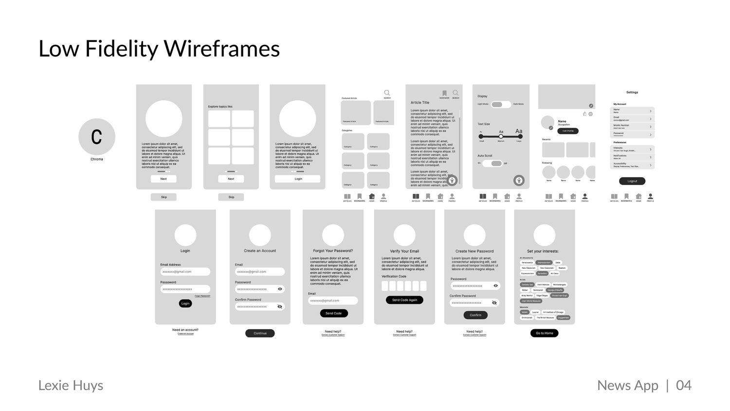 Low fidelity wireframes for a news app UI design project showing multiple mobile screen layouts in grayscale.