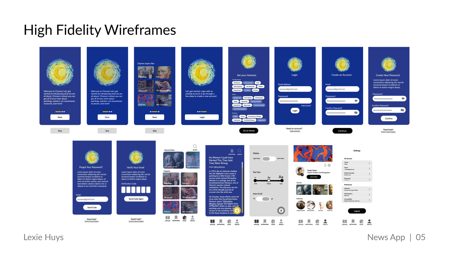 High fidelity wireframes for a news app showcasing multiple blue-themed mobile UI screens with navigation elements.